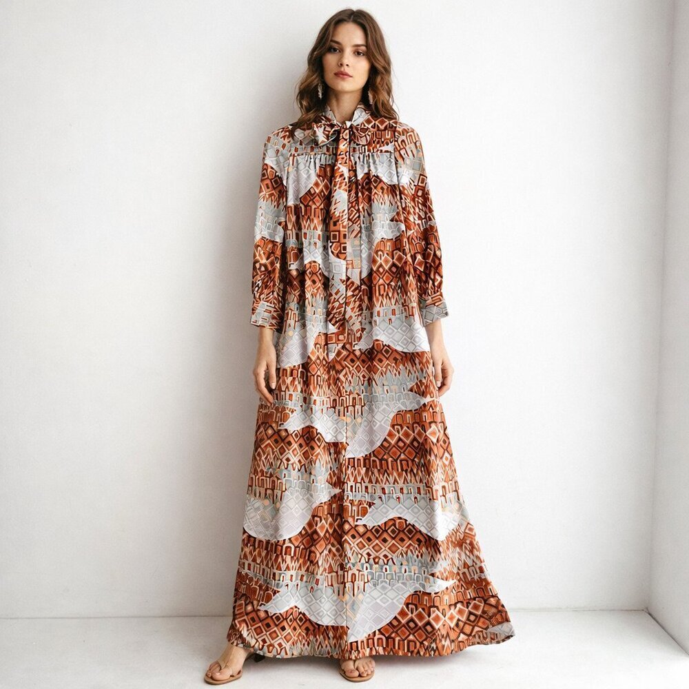 Vintage Handmade Geometric Print Long Sleeve A line Maxi Dress M